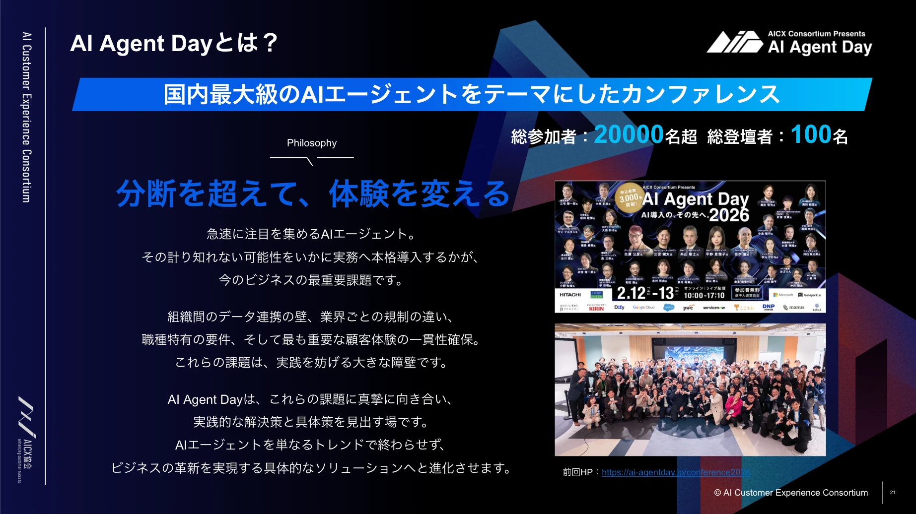 AI Agent Dayの紹介資料。カンファレンスの登壇者と交流会の様子。